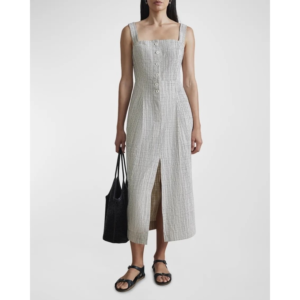 APIECE APART Striped Square Neck Button Front Midi Dress Size 4 Linen Blend
